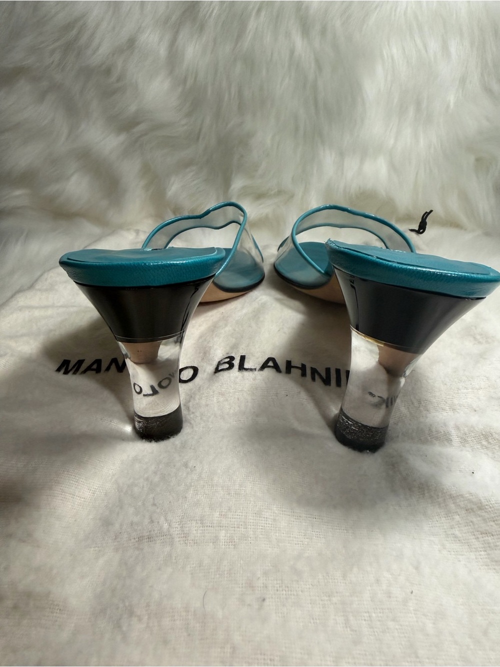 Manolo Blahnik Teal Slide Mules with Clear Strap - Picture 5 of 10
